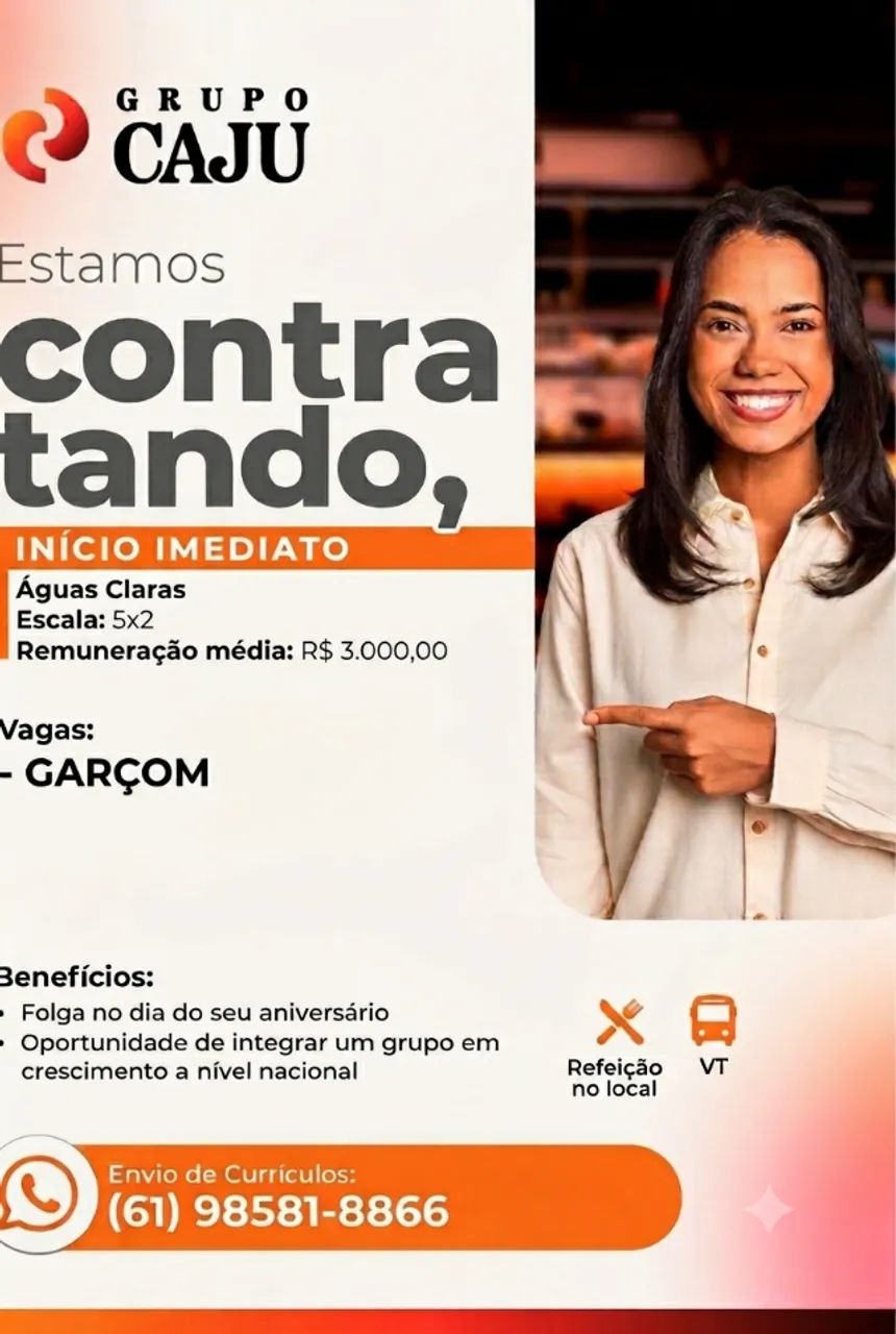VAGA DE GARÇOM EM RESTAURANTE DE ÁGUAS CLARAS