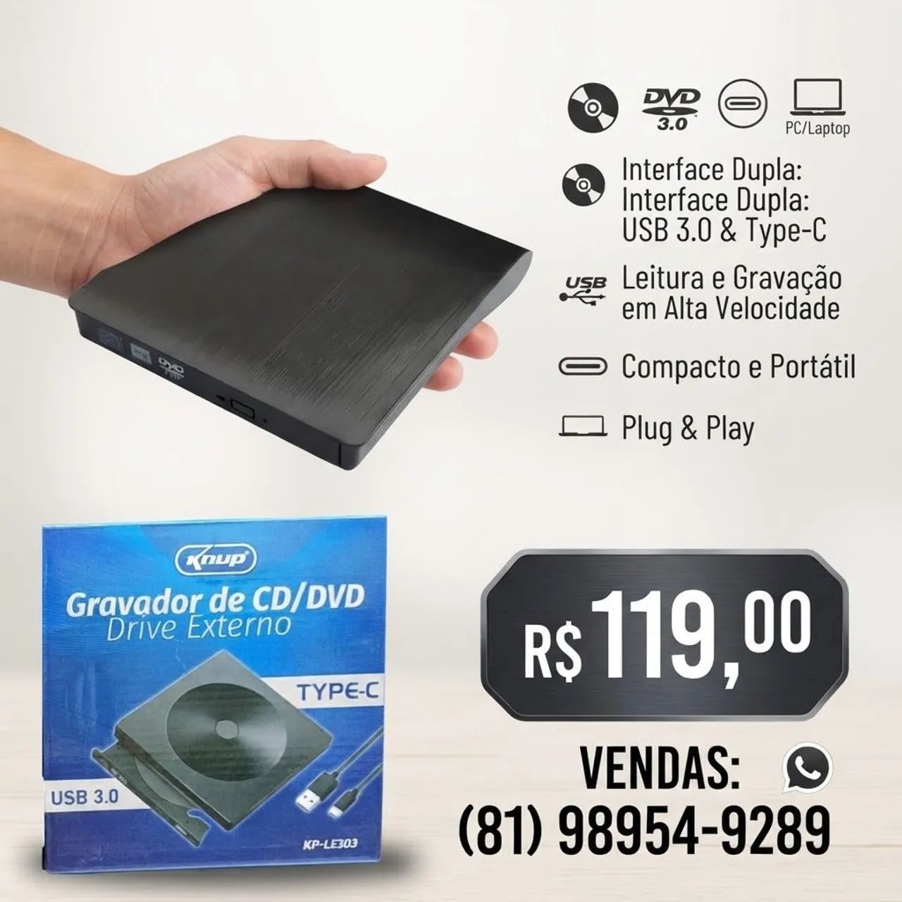 Gravador e leitor de CD/DVD externo USB 3.0