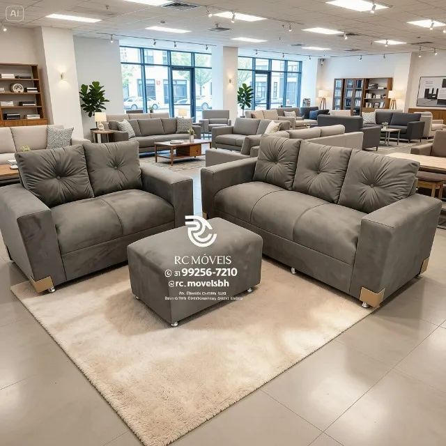 Sofá 2 e 3 Lugares com Puff Suede Grafite D33 Confortável
