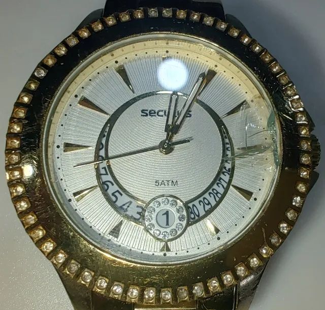 Relógio Seculus Unisex Dourado Grande Strass - Modelo: 77196