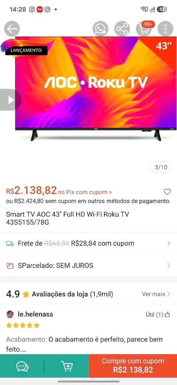 Vendo Smart TV AOC Roku de 43 polegadas, modelo 43S5155/78G. - Foto 3