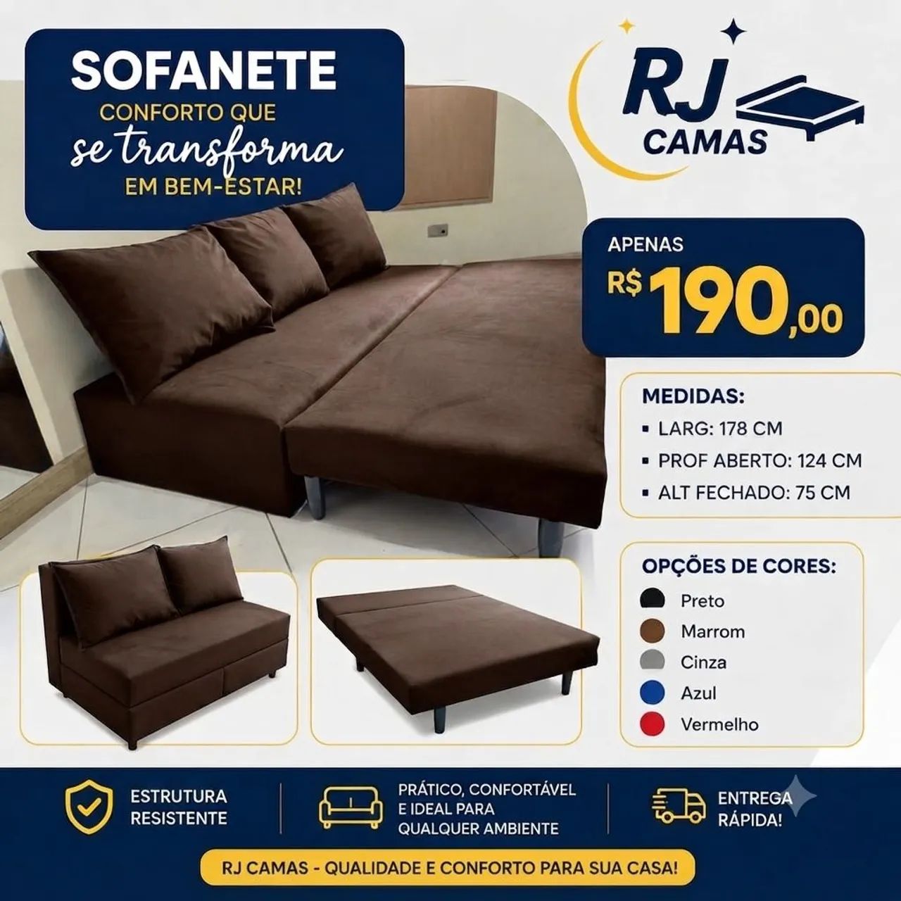 Sofá cama com 3 almofadas, pague na entrega 