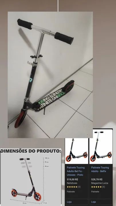 Patinete Adulto Touring Rolamento ABEC7 Sistema de Freio Rodas PU Suporta Até 90kg Belfix