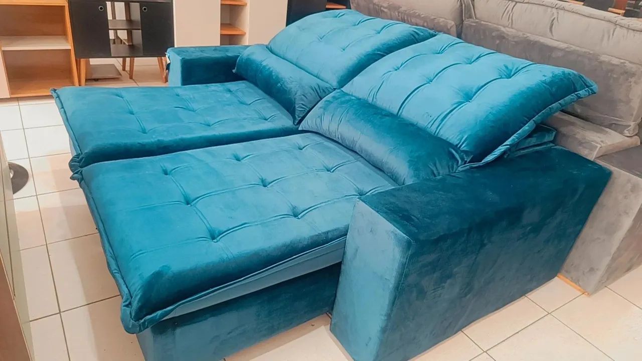 Sofá Retrátil Molas Ensacada Azul Super macio 