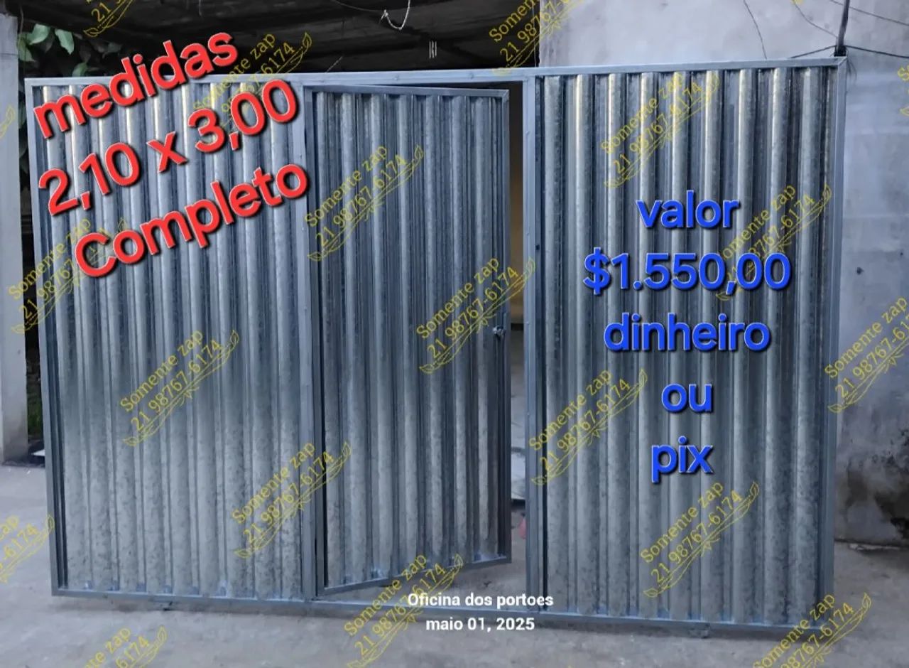 Portão garagem em aço galvanizado 2,10 X 3,00 completo com social paga só na entrega