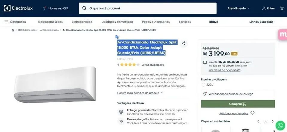 Ar-Condicionado Electrolux Split 18.000 BTUs Color Adapt Quente/Frio (UI18R/UE18R) - Foto 3