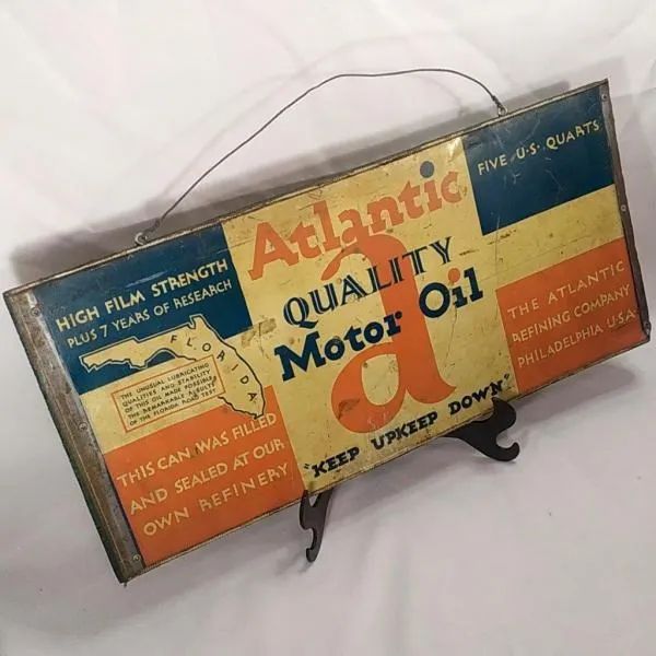 DECORAÇÃO DE AMBIENTES - ANTIGA LATA de ÓLEO Americana da ATLANTIC, no suporte de madeira - Foto 3