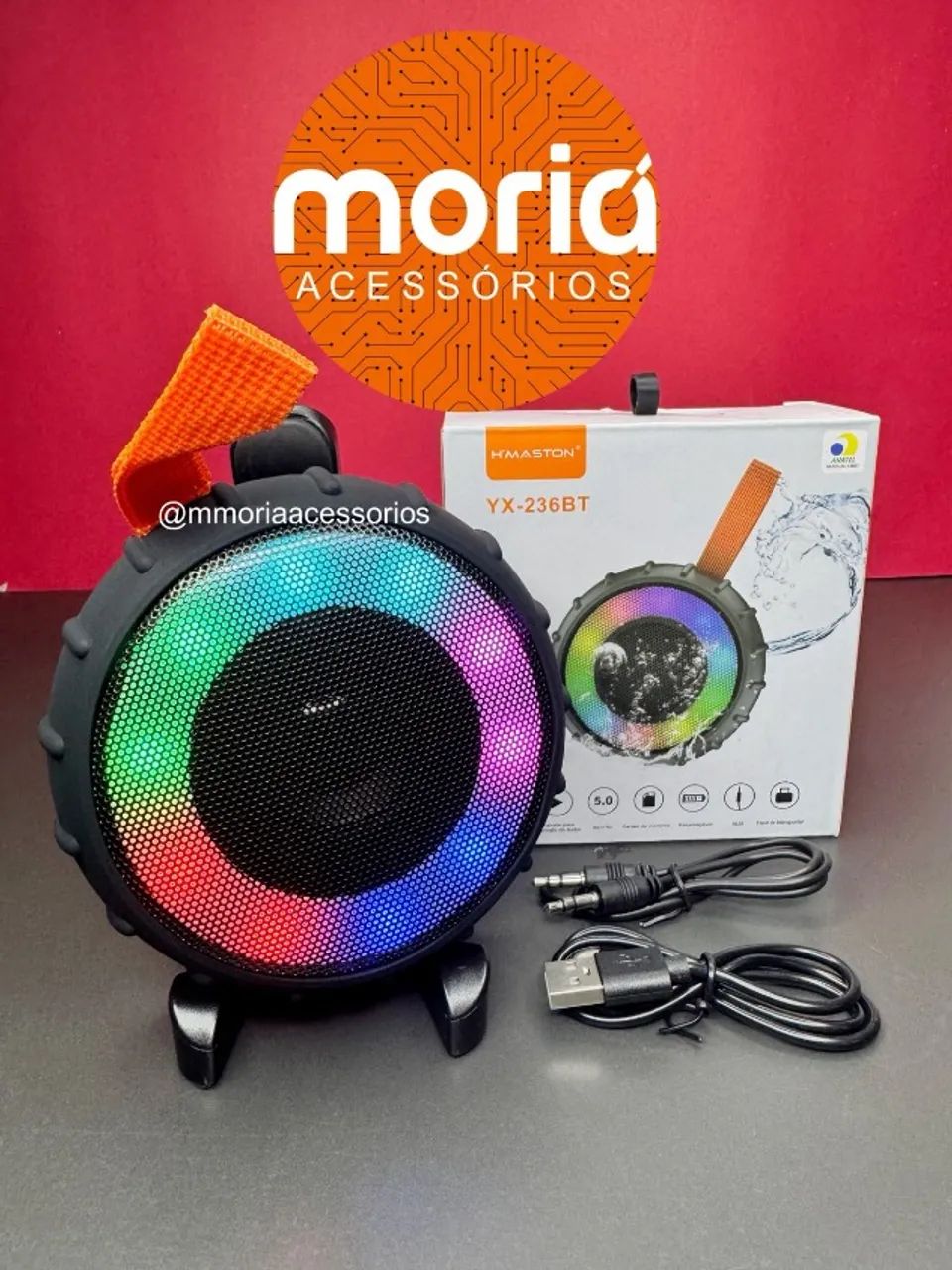 Caixinha De Som Redonda Led Bluetooth Emborrachada Usb 5.0