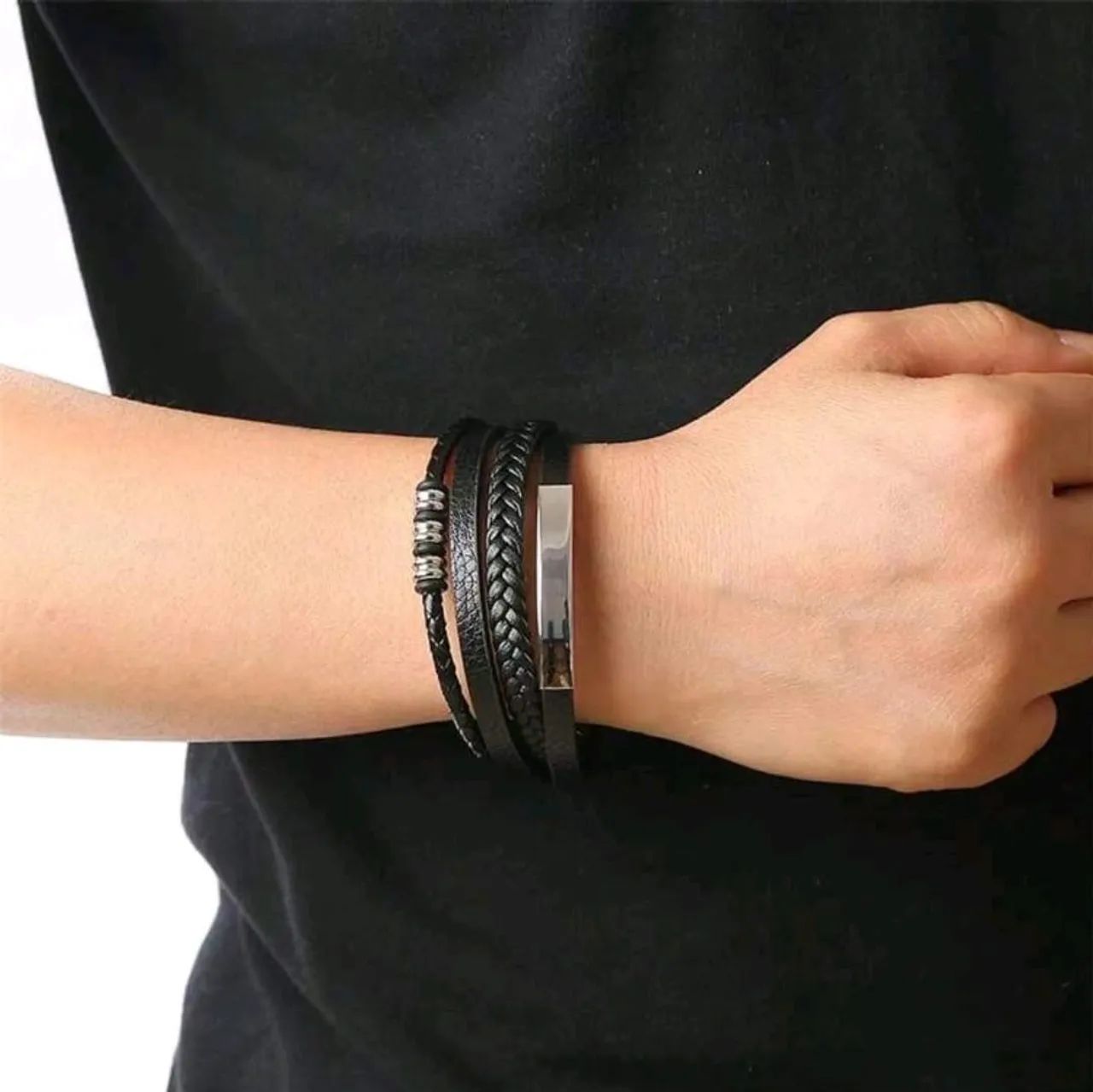 Pulseira Masculina Couro Trançado Preta - Foto 2