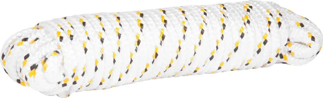 Corda multifilamento trançada 10,0 mm x 15 m, branca com detalhes em preto e amarelo, cart