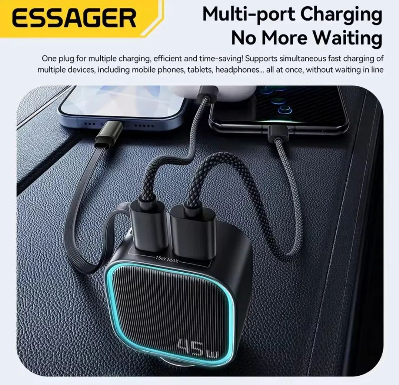 Carregador veicular Essager 45W com cabo retrátil 75cm - Foto 4