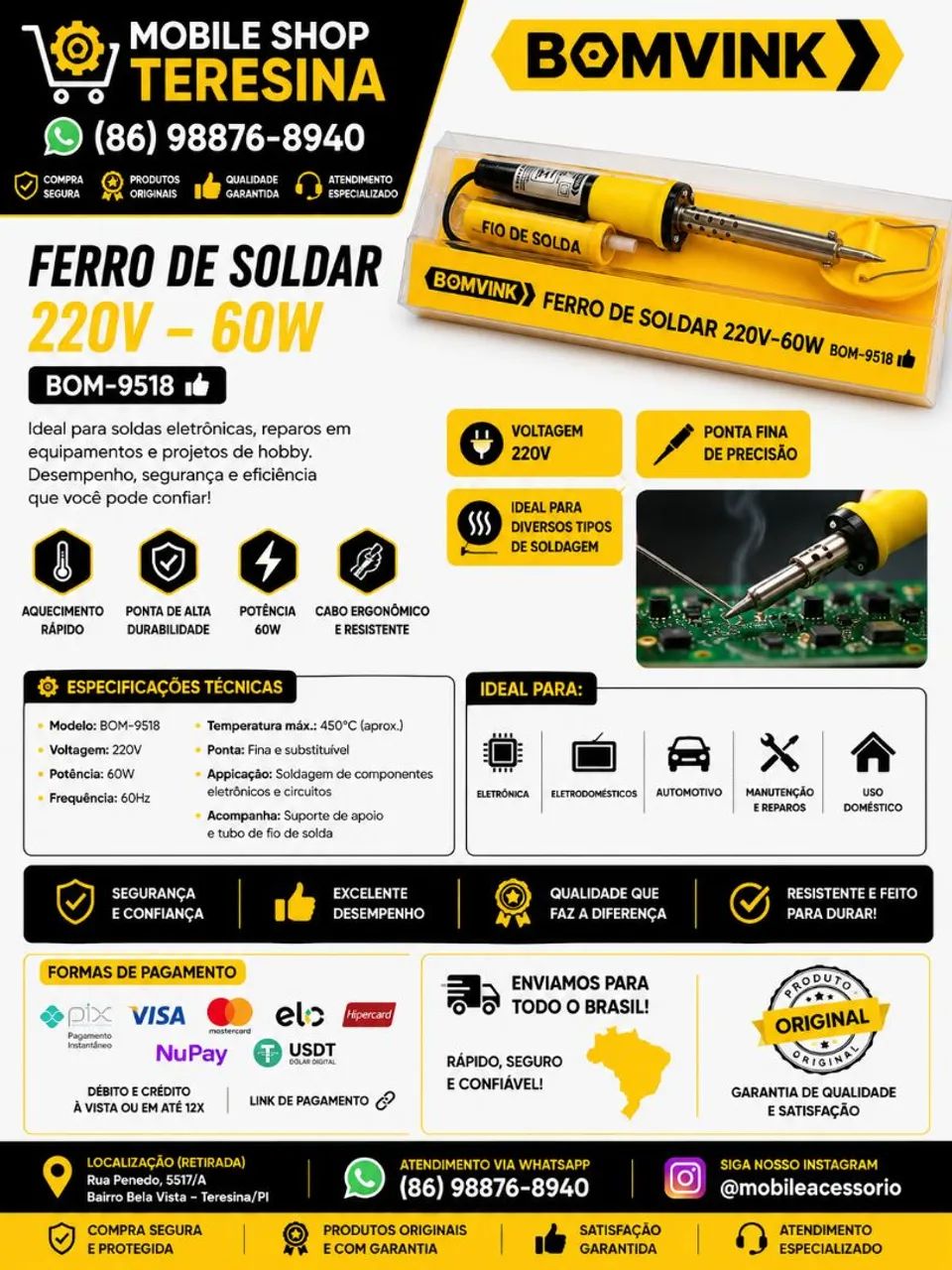 Ferro de Solda 60W 220V Ponta Fina Bomvink BOM-9518
