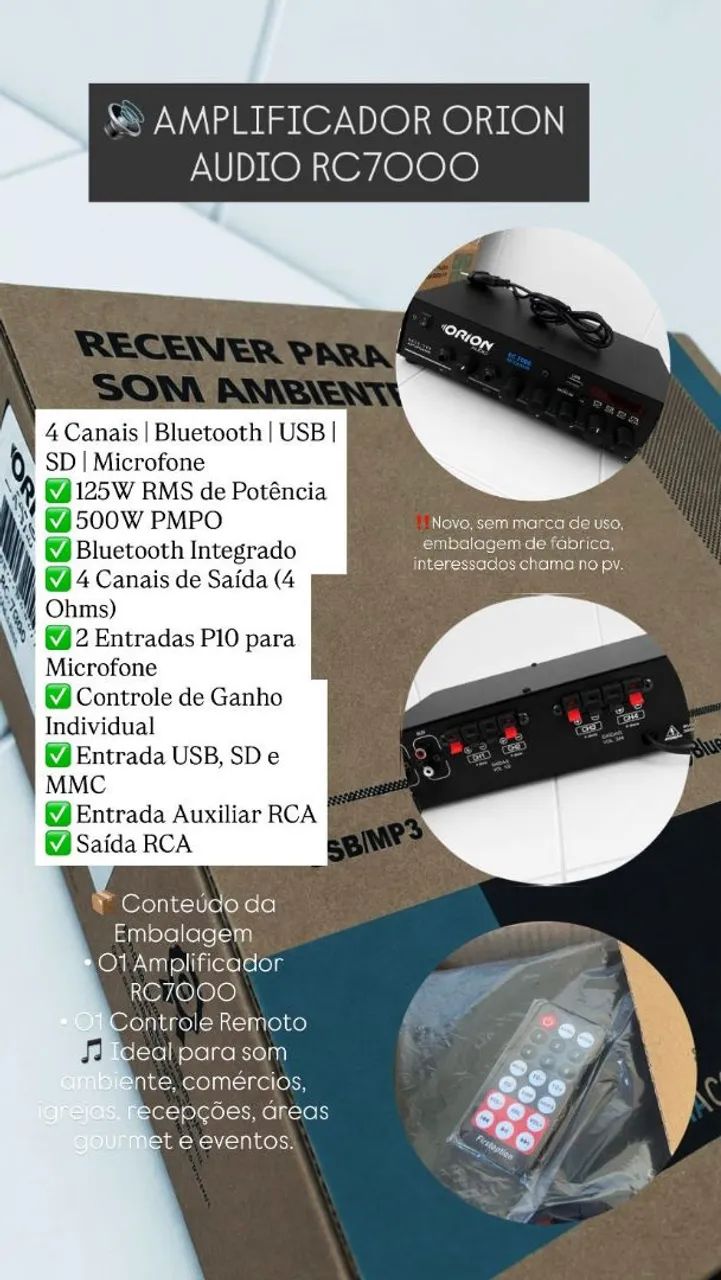 AMPLIFICADOR ORION AUDIO RC7000 4 Canais | Bluetooth | USB | SD | Microfone - Foto 3