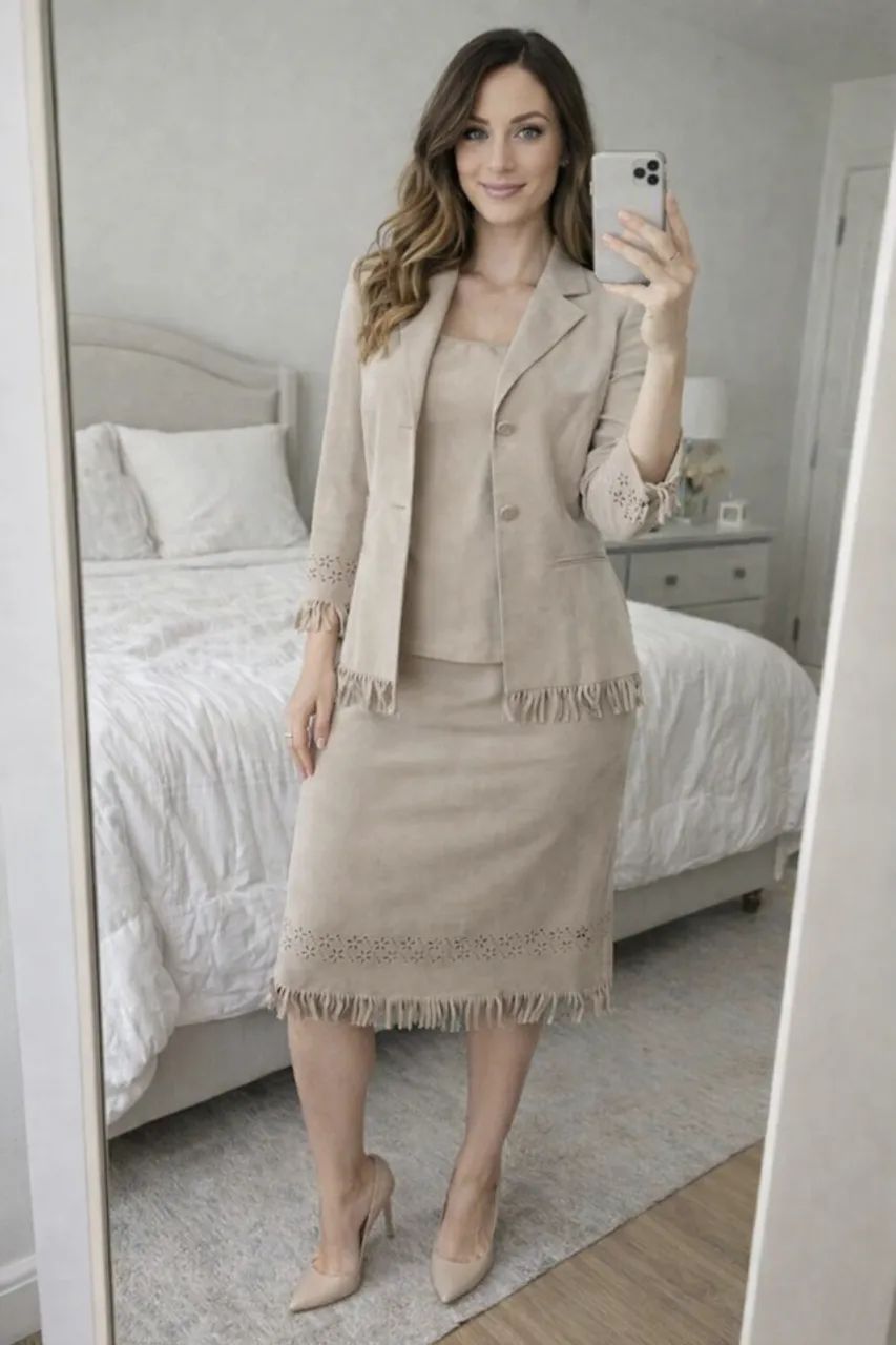 Conjunto feminino em suede - blazer, regata e saia - cor bege