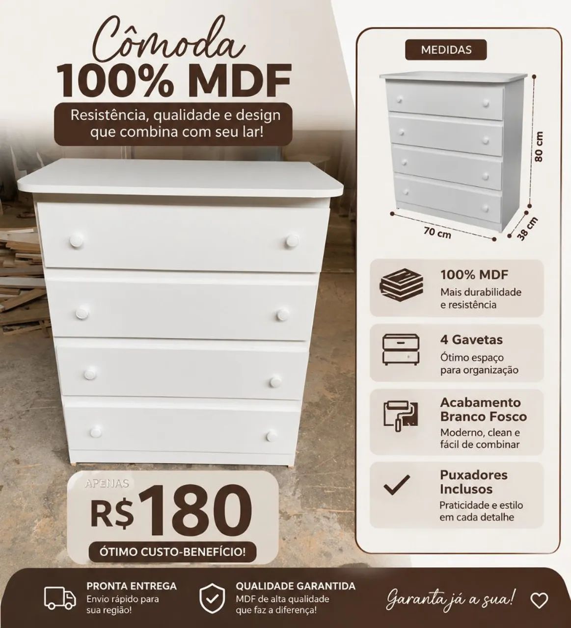 Oferta cômoda 4 gavetas MDF 180$ entrega grátis 