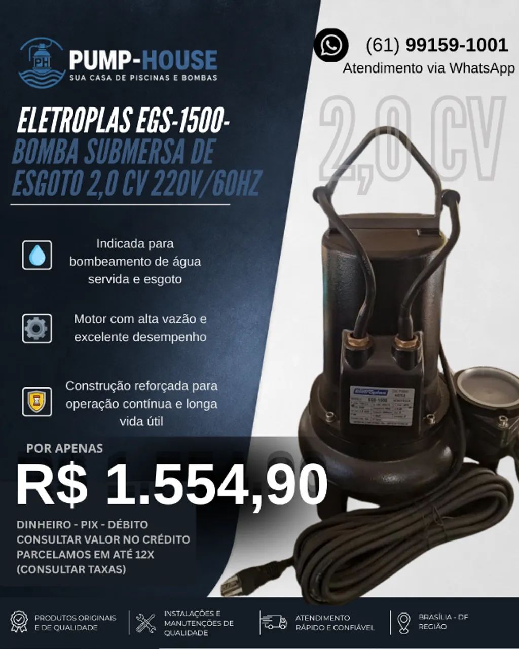 BOMBA SUBMERSA DE ESGOTO 2,0 cv 220v/60hz EGS-1500 (ELETROPLAS)