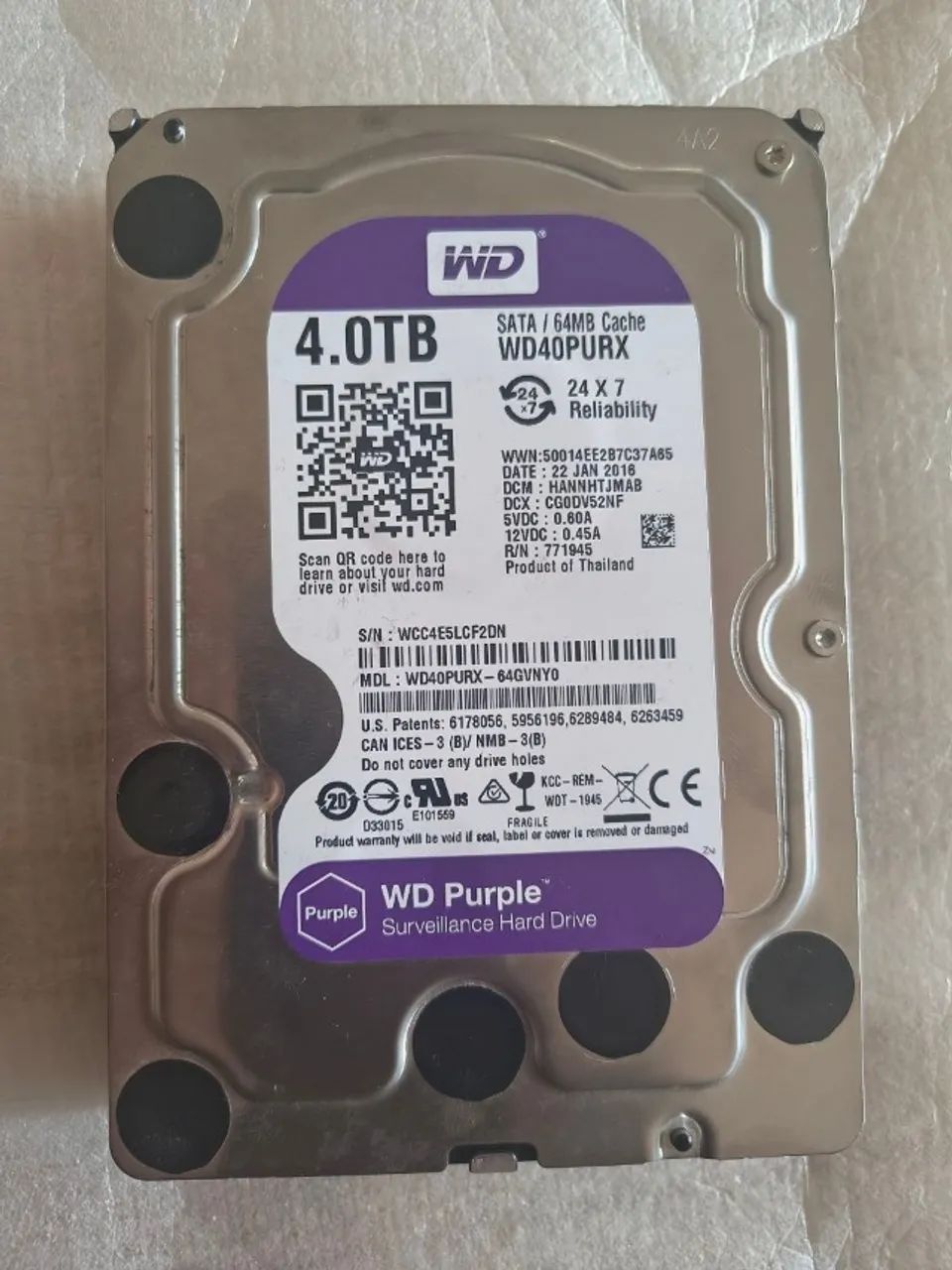 HD WD 4TB Purple, 5400 RPM, 64MB, SATA, 6GB/S, DVR, CFT - WD40PURZ