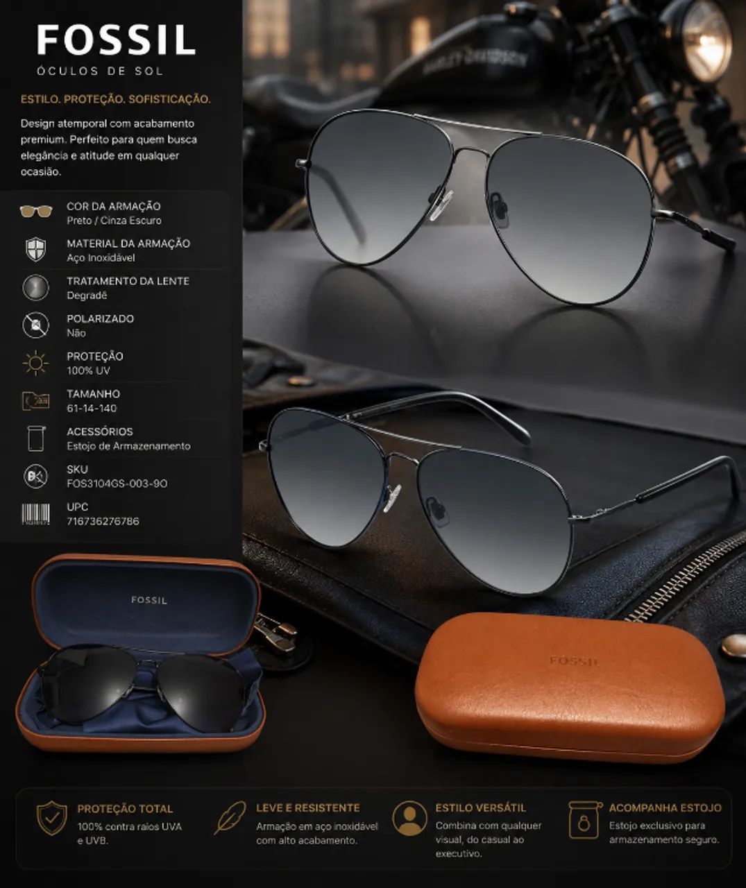 Óculos de Sol - FOSSIL® Aviador Premium. Produto 100% original