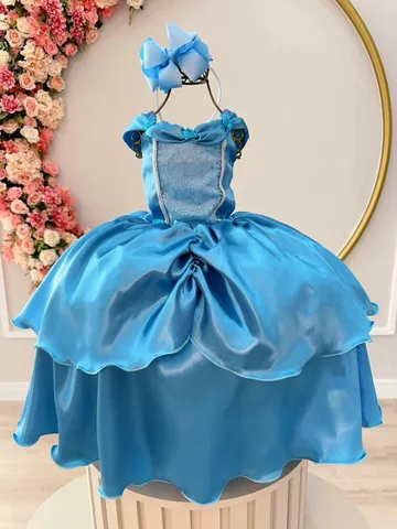 Vestido Azul Luxo Princesa Cinderela Frozen Alice 1 A 3