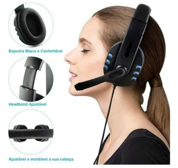 Headset Gamer com Microfone, Confortável e Ajustável