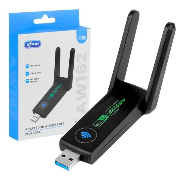 Adaptador Wireless Wi-fi Dual Band 2,4g 5g 1300mbps Usb Antenas Knup KP-AW162 Loja Coimbra