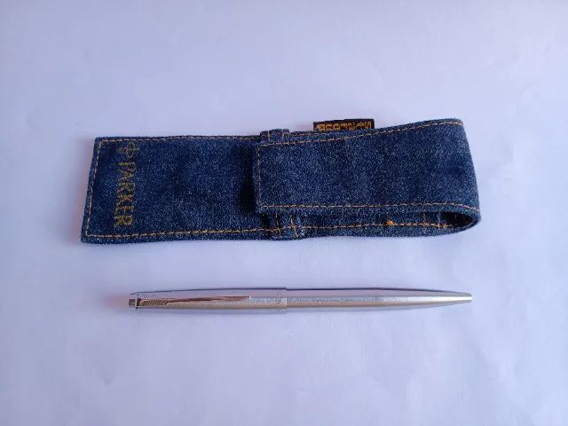 Caneta Parker em aço funcionando - Com estojo jeans Staroup - Foto 2