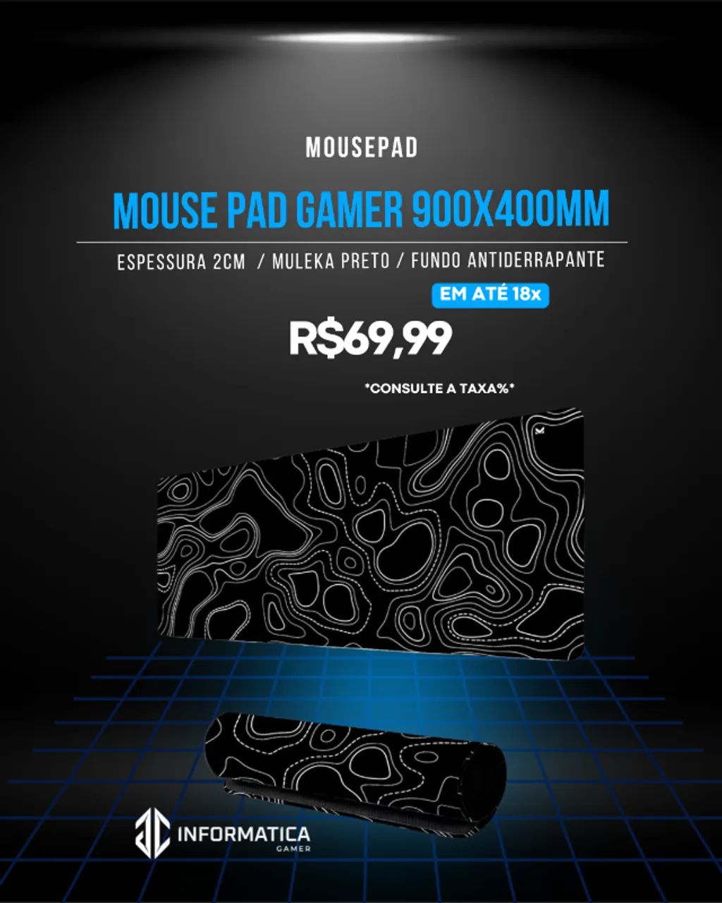 Mouse Pad Gamer 900x400mm Muleka Preto Antiderrapante