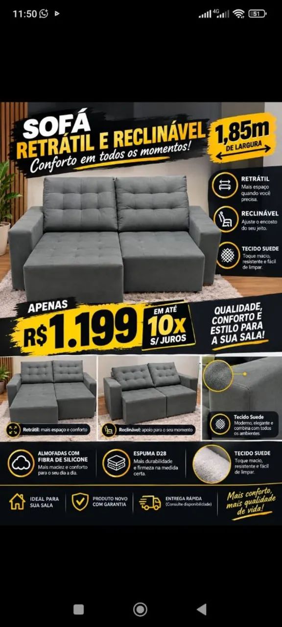 Sofá retrátil reclinável 