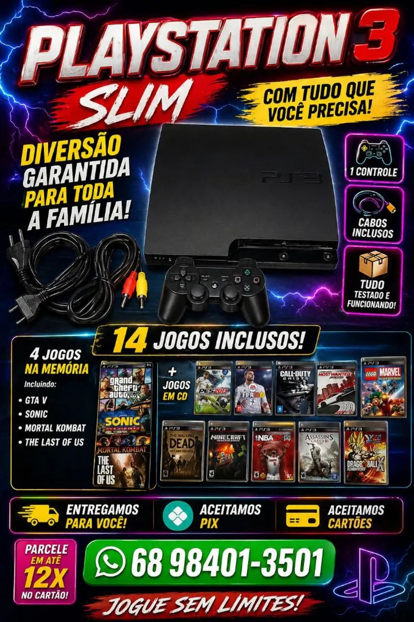 Playstation 3 ótimo com 1 controle e 14 jogos, aceitamos Pix e parcelamos nos cartões 
