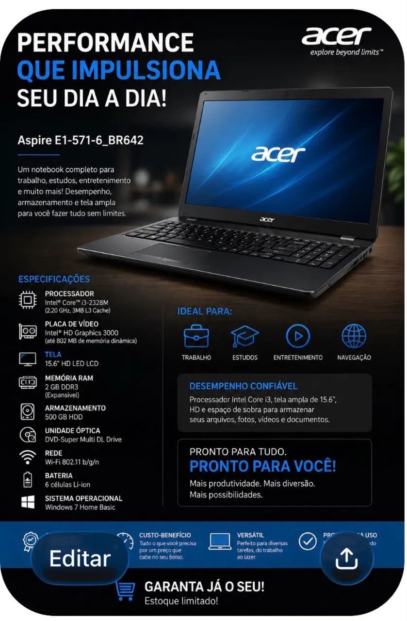 Notebook ACER ASPIRE E1-571 IMPECÁVEL NOVO  - Foto 3