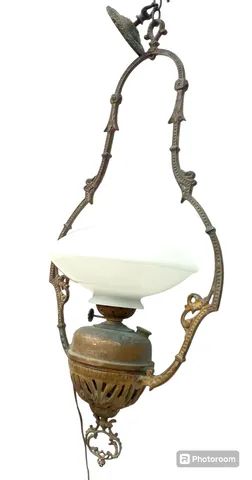 lustre de teto antigo de bronze com cúpula de opalina - Foto 3