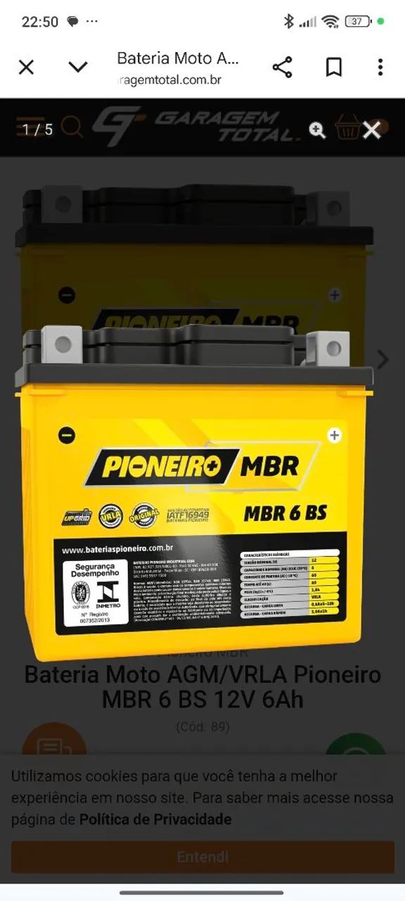 Bateria Moto Pioneiro MBR 6 BS 12V 6Ah