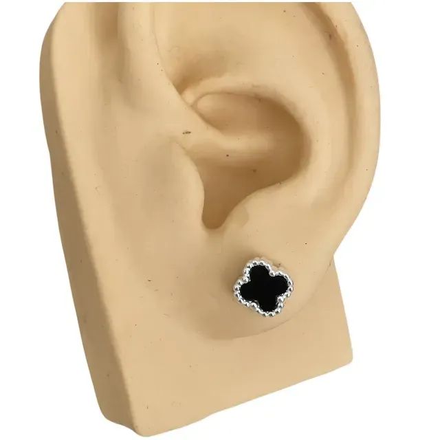 01 Brinco de Prata Trevo com pedra natural Ágata Preta, masculino, tamanho 0,8 cm