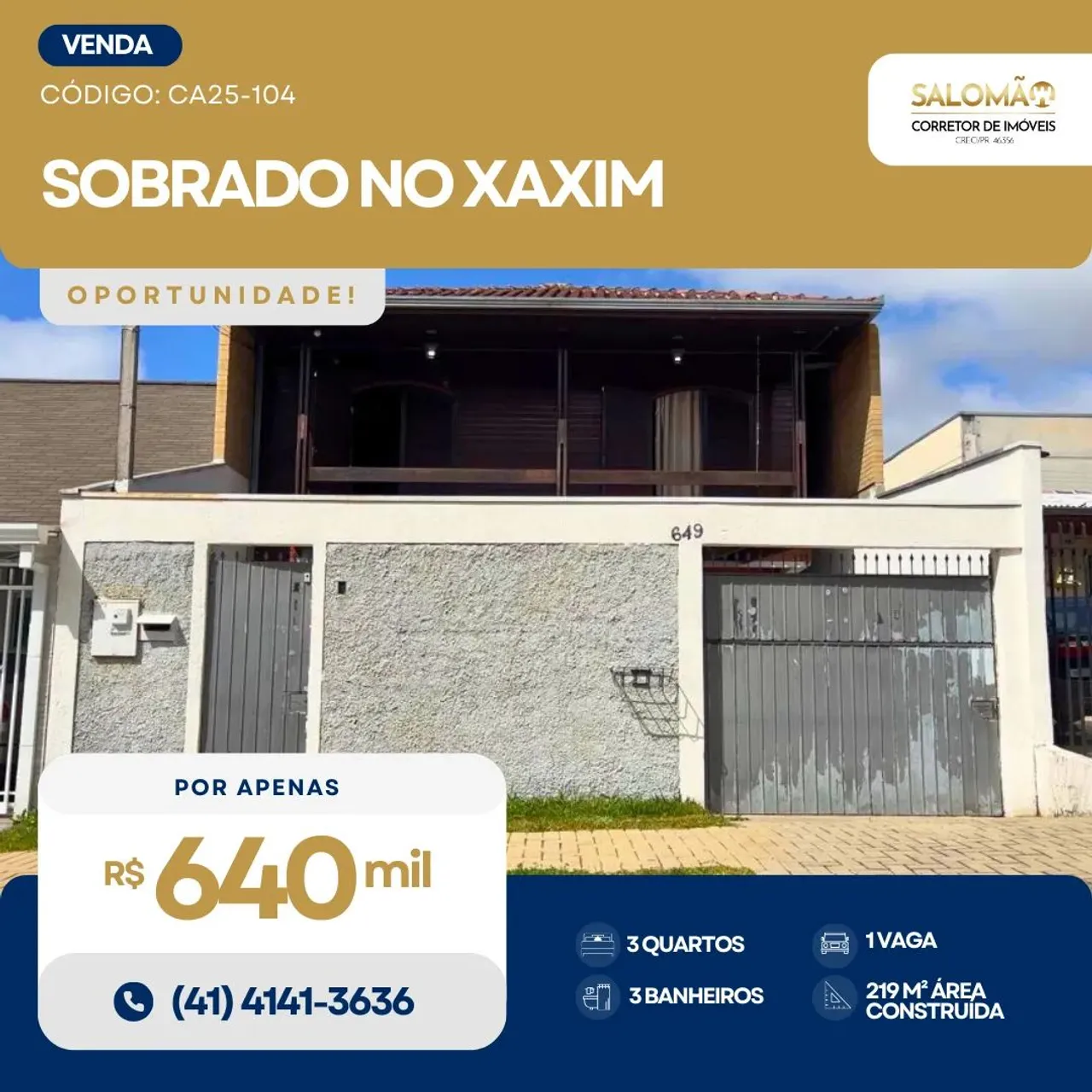 Sobrado para Venda em Curitiba, Xaxim, 3 dormitórios, 1 suíte, 3 banheiros, 1 vaga