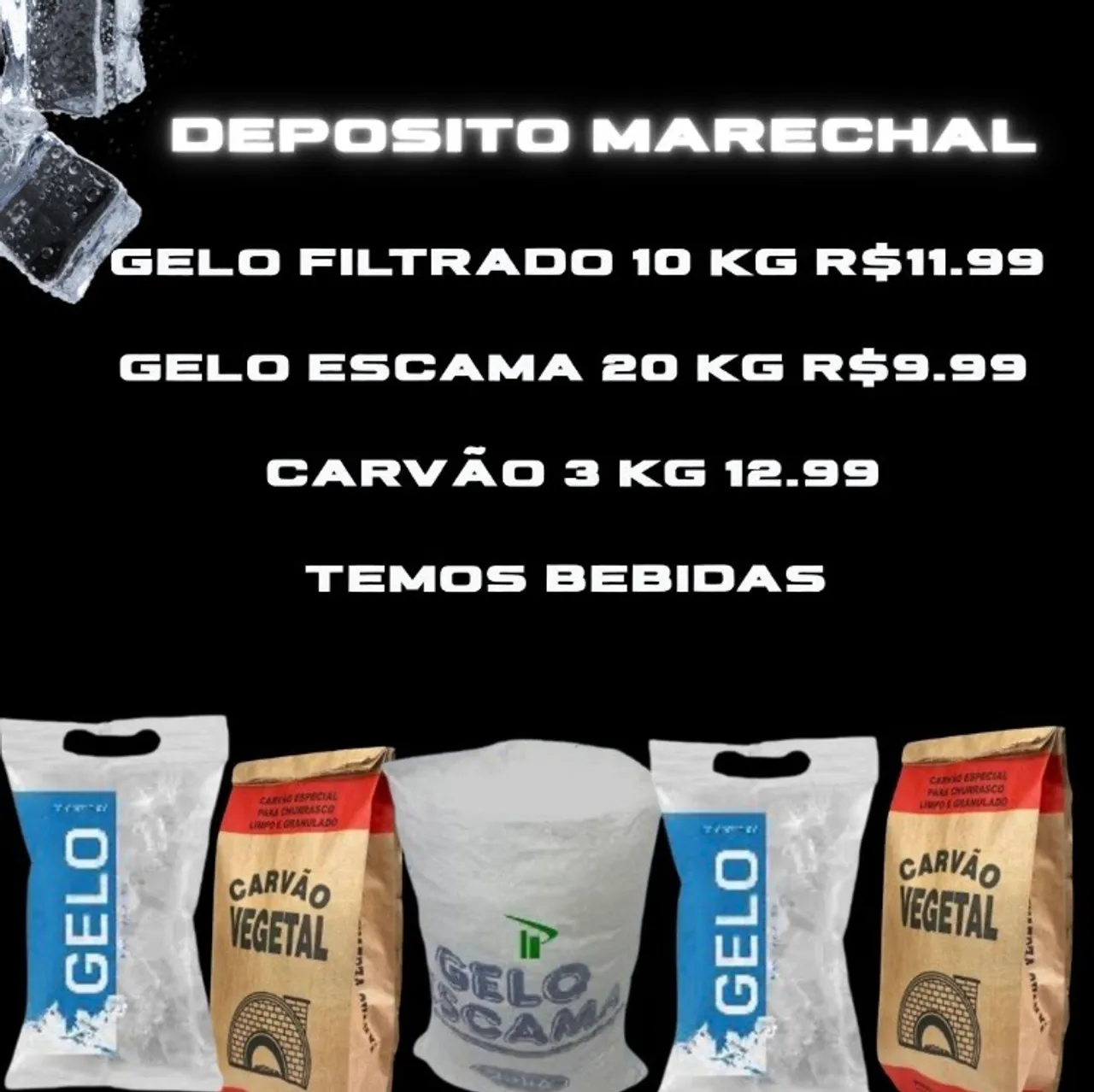 Gelo, carvão e bebidas