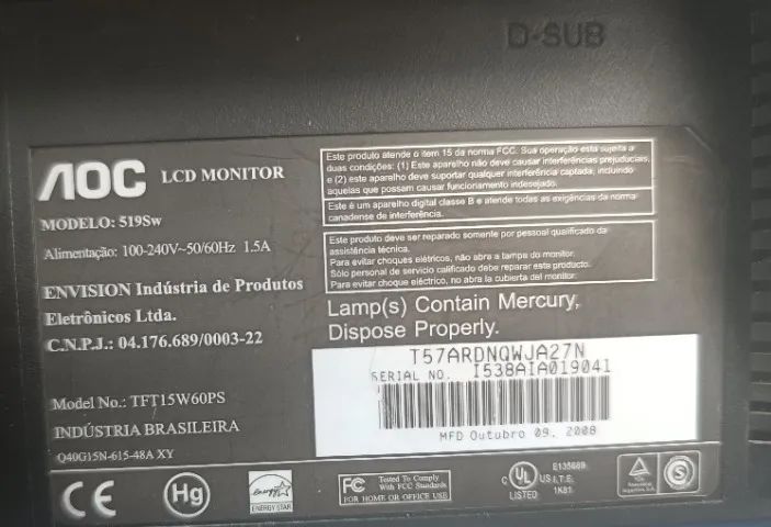 Monitor Lc Aoc Modelo 519w 15 Polegadas em perfeito estado64385327609603121