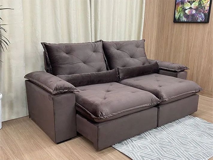 Sofá Retrátil 2 Lugares 180cm Molas Bonnel Veludo Marrom