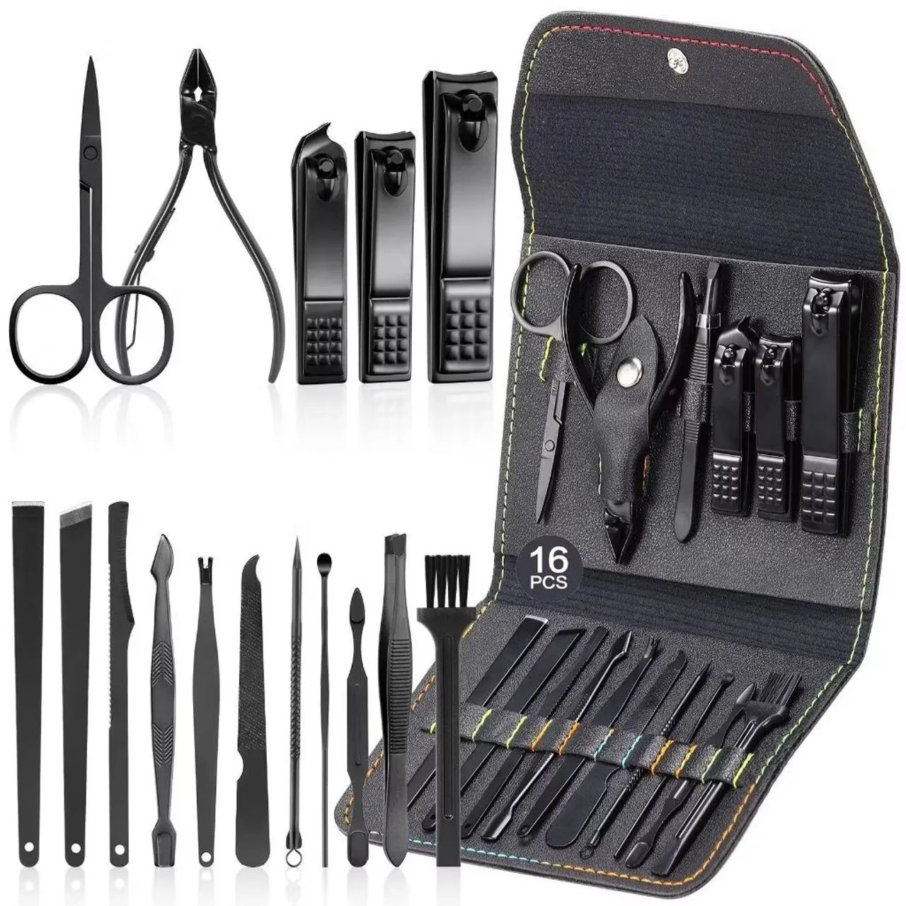 Kit cortador de unhas 16 peças com bolsa de couro