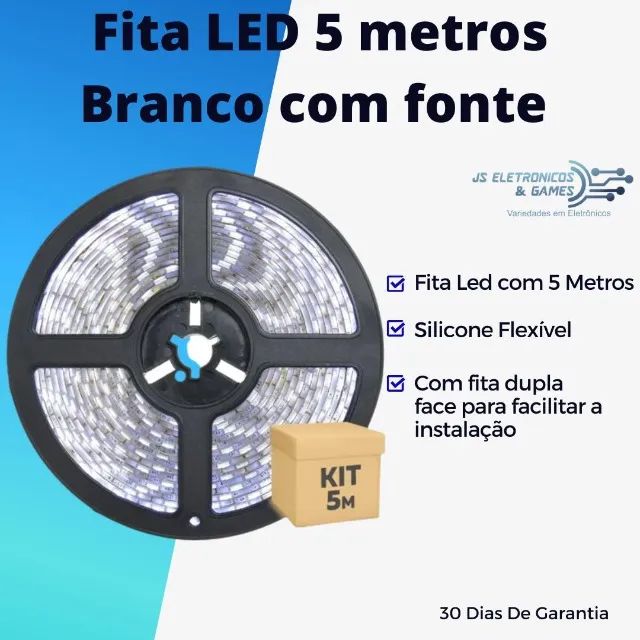 Fita LED 5 metros - cor branco frio 300 leds com Fonte - Lacrado - loja física