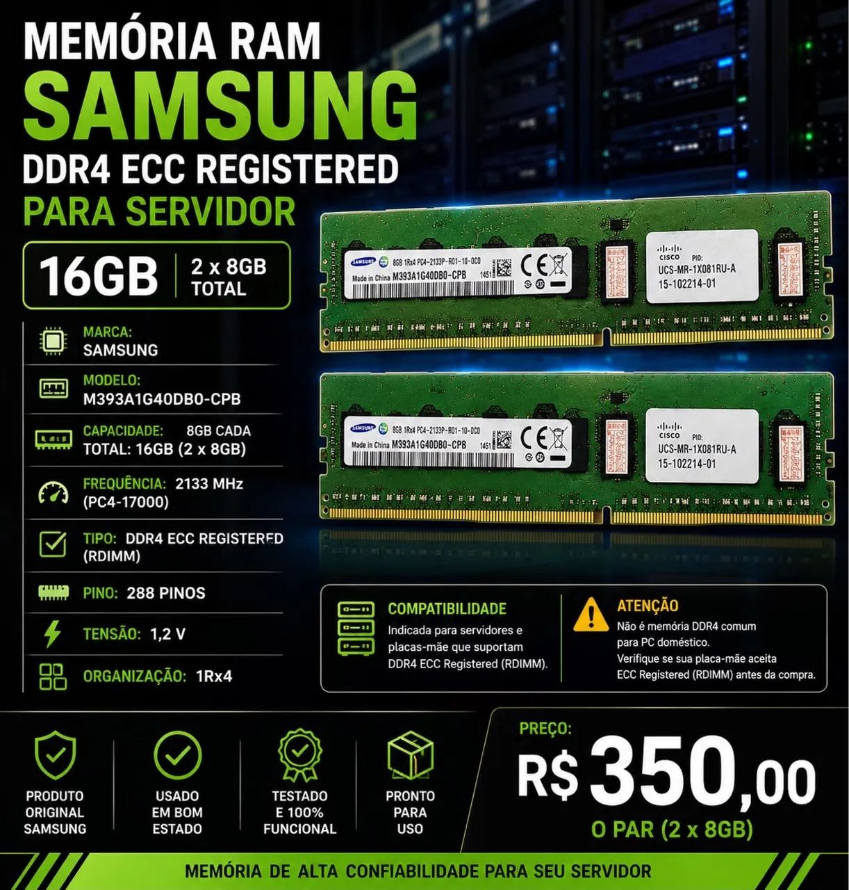 MEMÓRIA RAM SAMSUNG DDR4 ECC REGISTERED - 16GB (2x8GB) - Memória