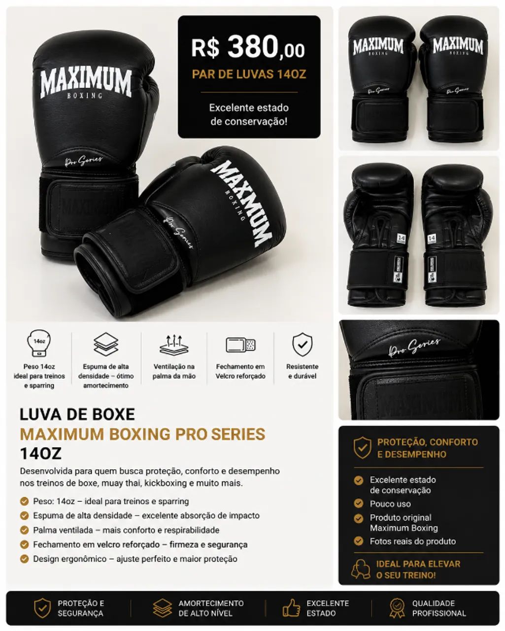 Luva de Boxe Maximum Pro Series 14oz Preta - Par