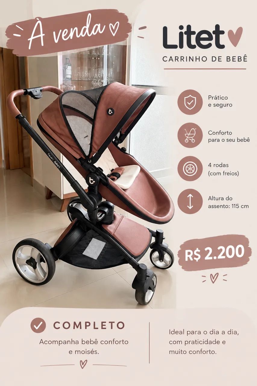 Carrinho Litet Candy Completo c/ bebê conforto e Moisés 