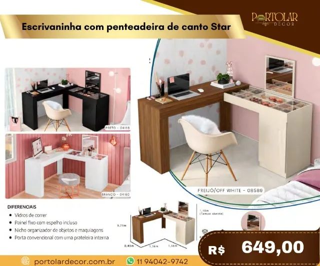 Escrivaninha com Penteadeira de canto flor, a pronta entrega 