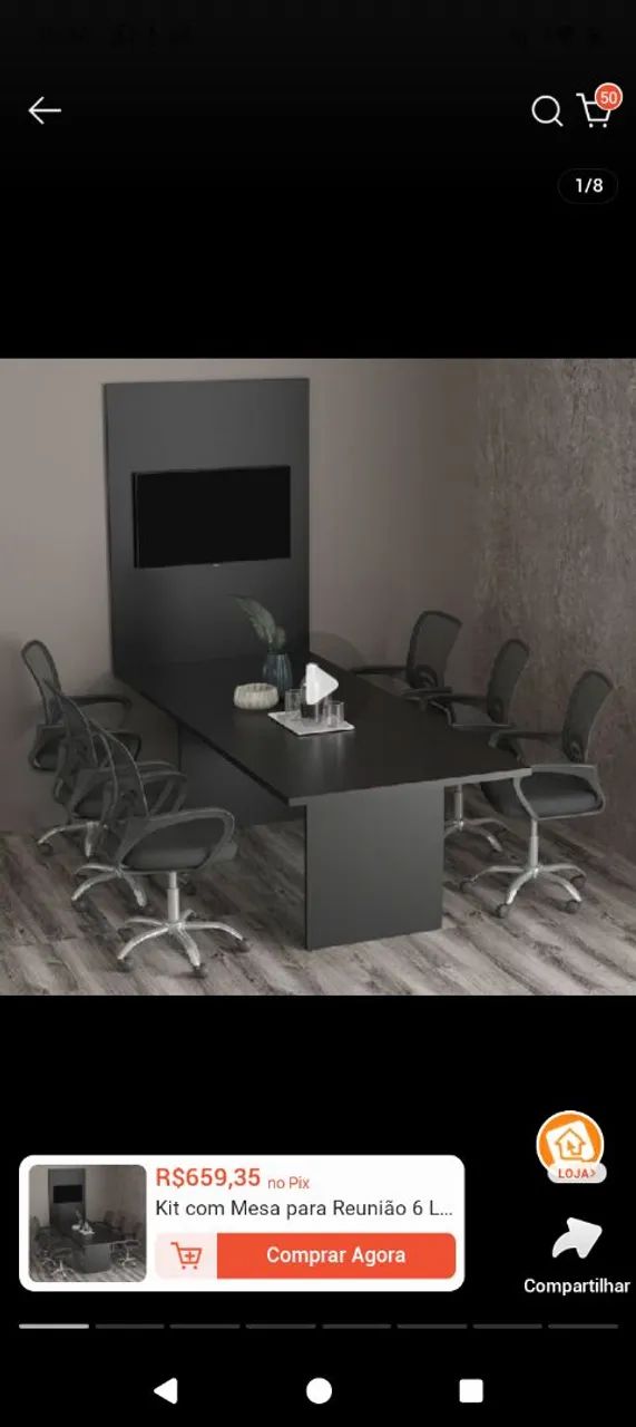 Kit com Mesa para Reunião 6 Lugares e Painel para TV até 37 Polegadas Preto 2.20m