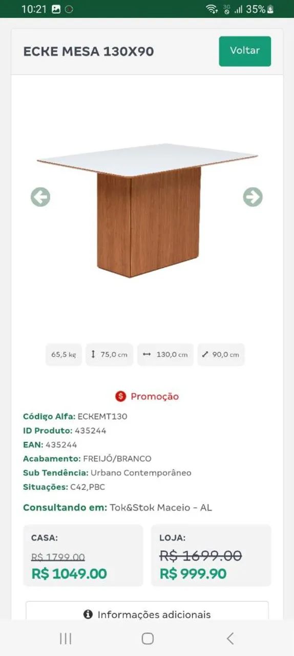 Mesa Jantar 1,3 X 0,90 Nova
