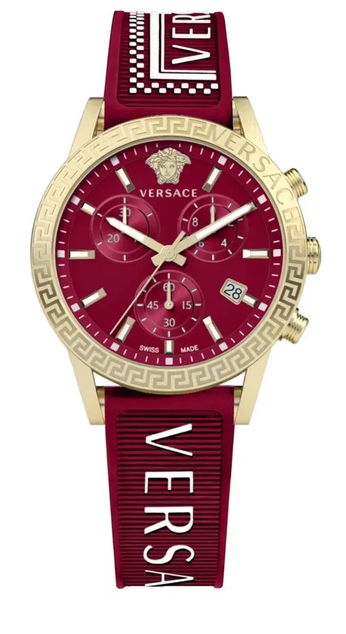 Relógio feminino cronógrafo com mostrador vermelho e caixa dourada da Versace. - Foto 2