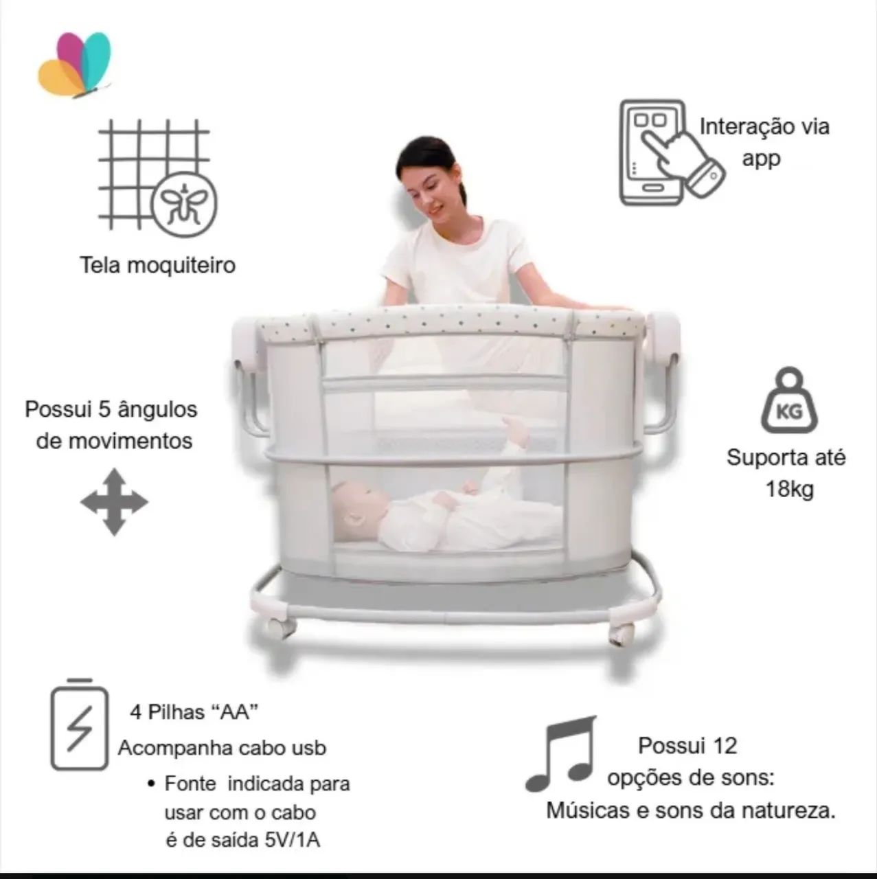 Berço Bluetooth Balanço Automático Duas Alturas Estampado - Foto 3