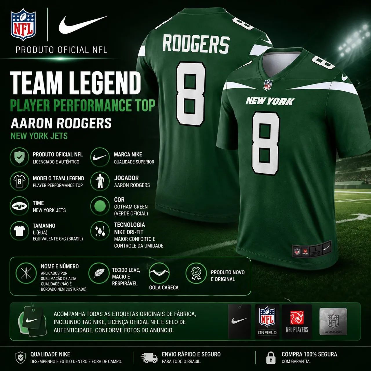 Camisa TShirt NFL Aaron Rodgers NY Jets Nike Dri-FIT Sublimada