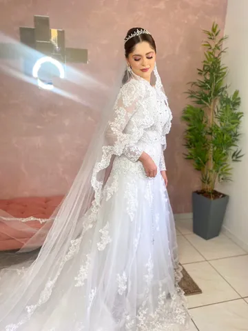 Vestido De Noiva Estilo Princesa Bordado Pérolas Brinde Véu