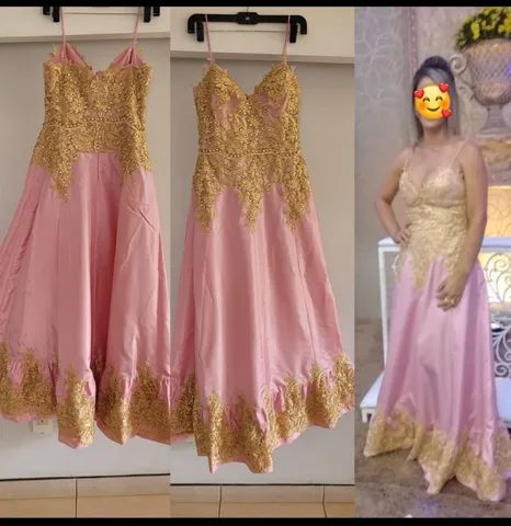 Vestido de festa rosa com renda dourada e pedraria - Foto 4